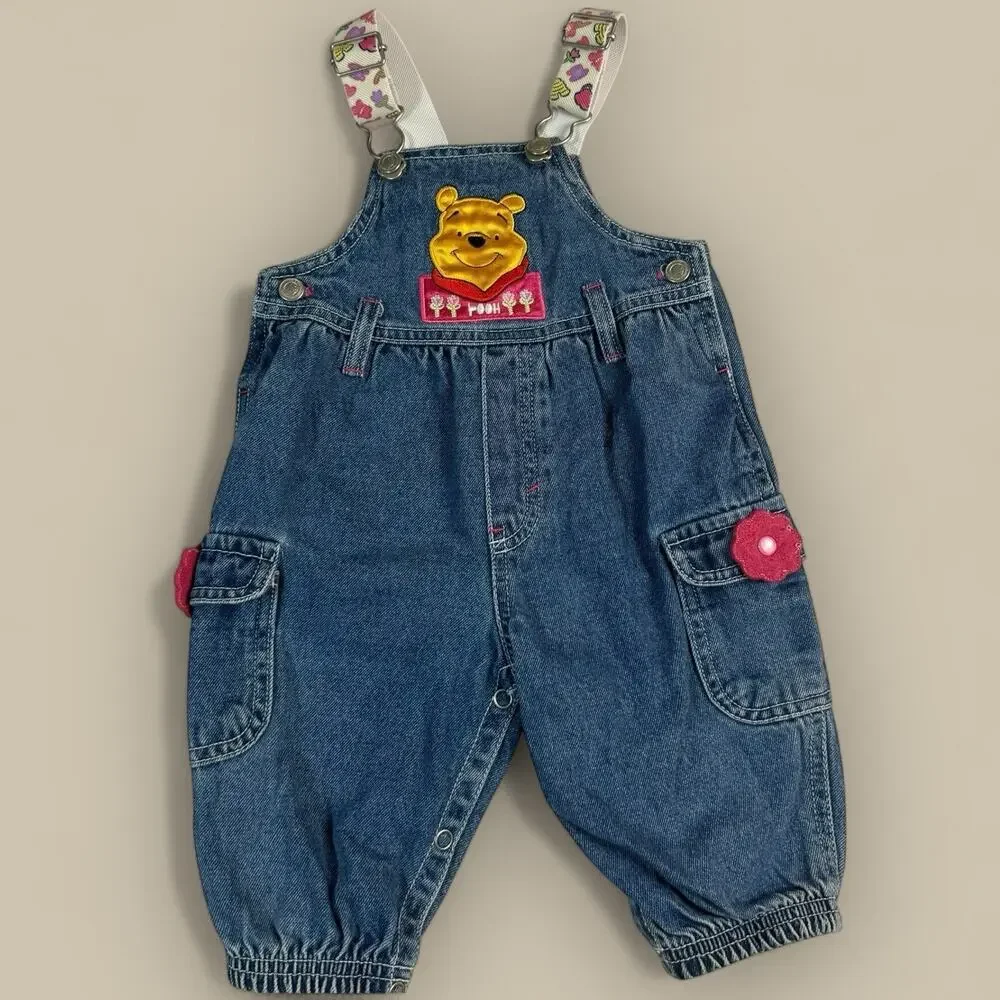 Vtg Y2K Disney Winnie The Pooh Baby Overalls Girls 6-9 Month Denim Jeans - Picture 1 of 5